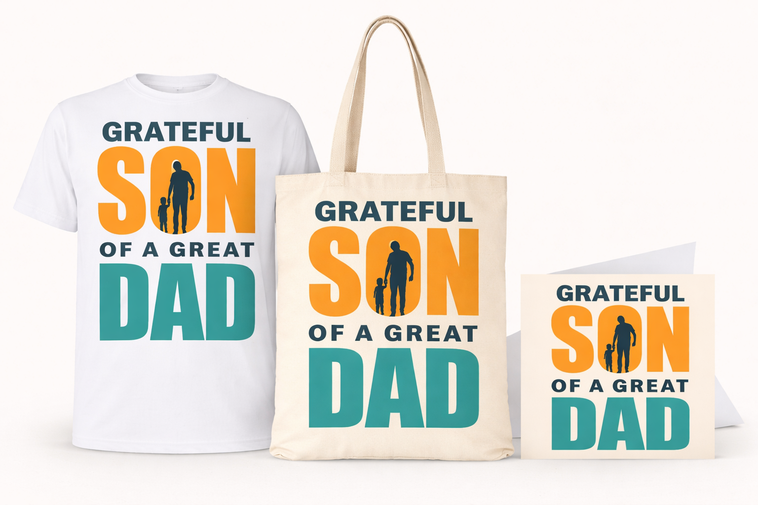 Grateful Son of a Great Dad (SD) Gratitude Gift Bundle (1 Tee + 1 Tote Bag + 1 Greeting Card)